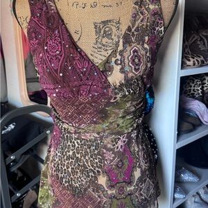 Multicolor V-Neck Dress with Leopard Print